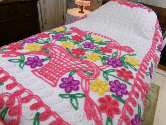 cherished shabby vintage pink floral chenille bedspread, overflowing flower basket design, full size summer cottage bedding
