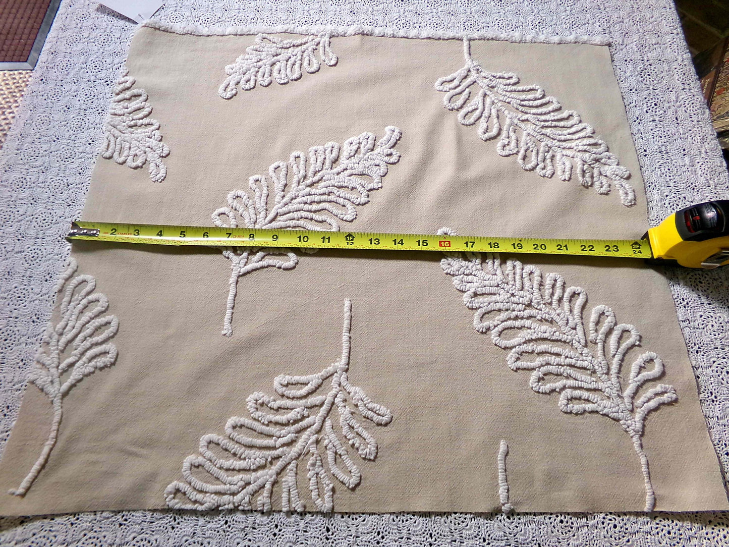 falling leaves vintage chenille fabric, 24" x 21" inch piece, simple shabby needletuft large leaf design on mocha