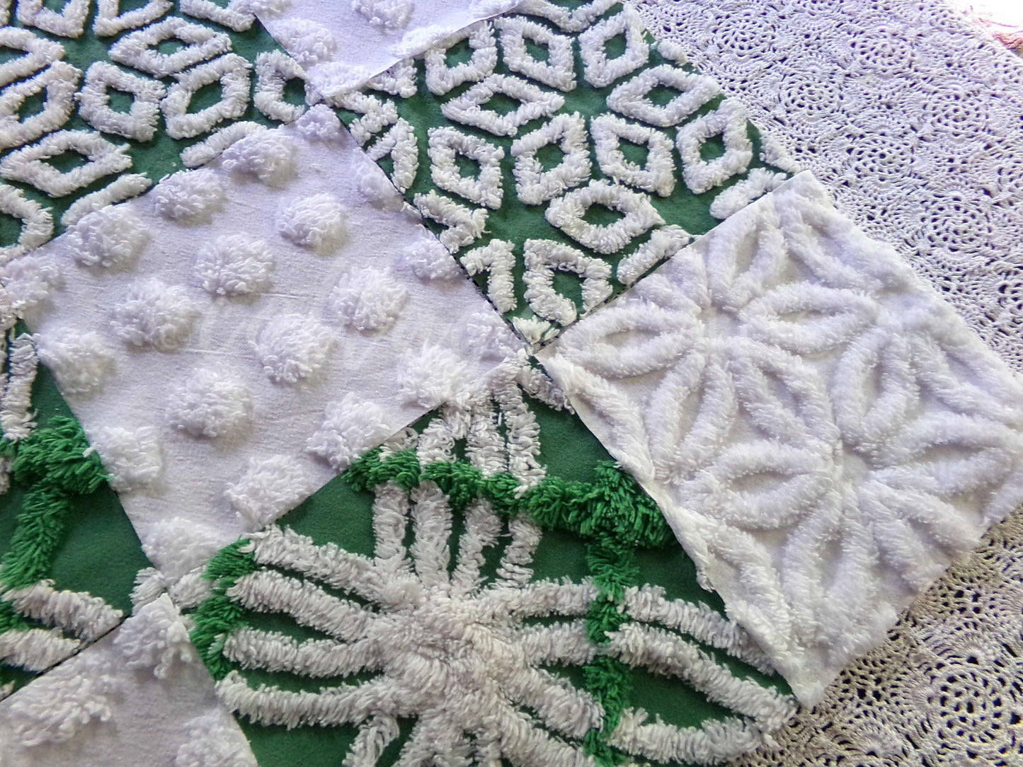 winter's enchantment vintage chenille fabric squares, set of 16 green & white quilting blocks, 6" each for patchwork pillows, quilt inlays