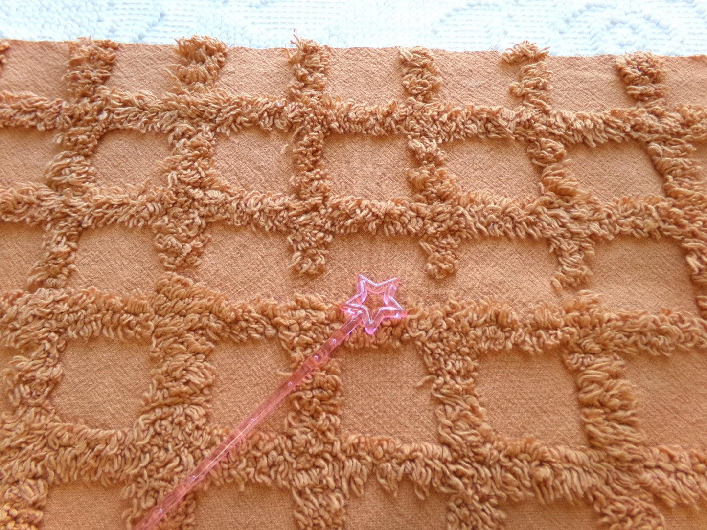 nutmeg pumpkin spice chenille fabric, 20" x 24" boho vintage style sewing material for quilts, crafts in simple windowpane tufted design