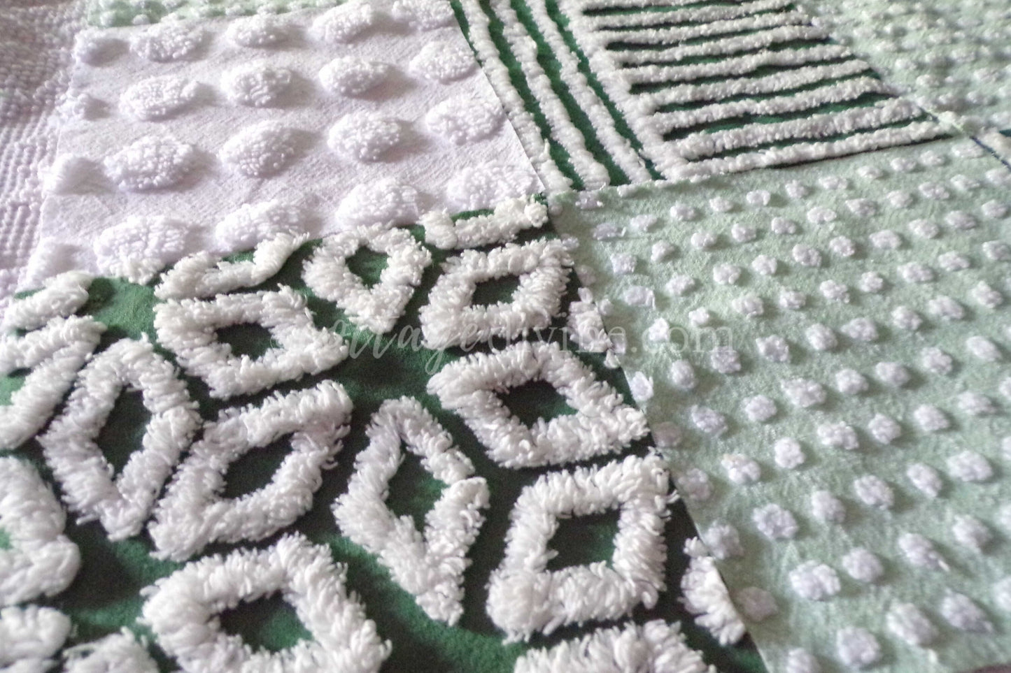 Lucky Star Quilt Squares Set, Rotary Cut from Vintage Chenille Bedspread Fabric, 16 Blocks, 6" x 6" inch, Green & White