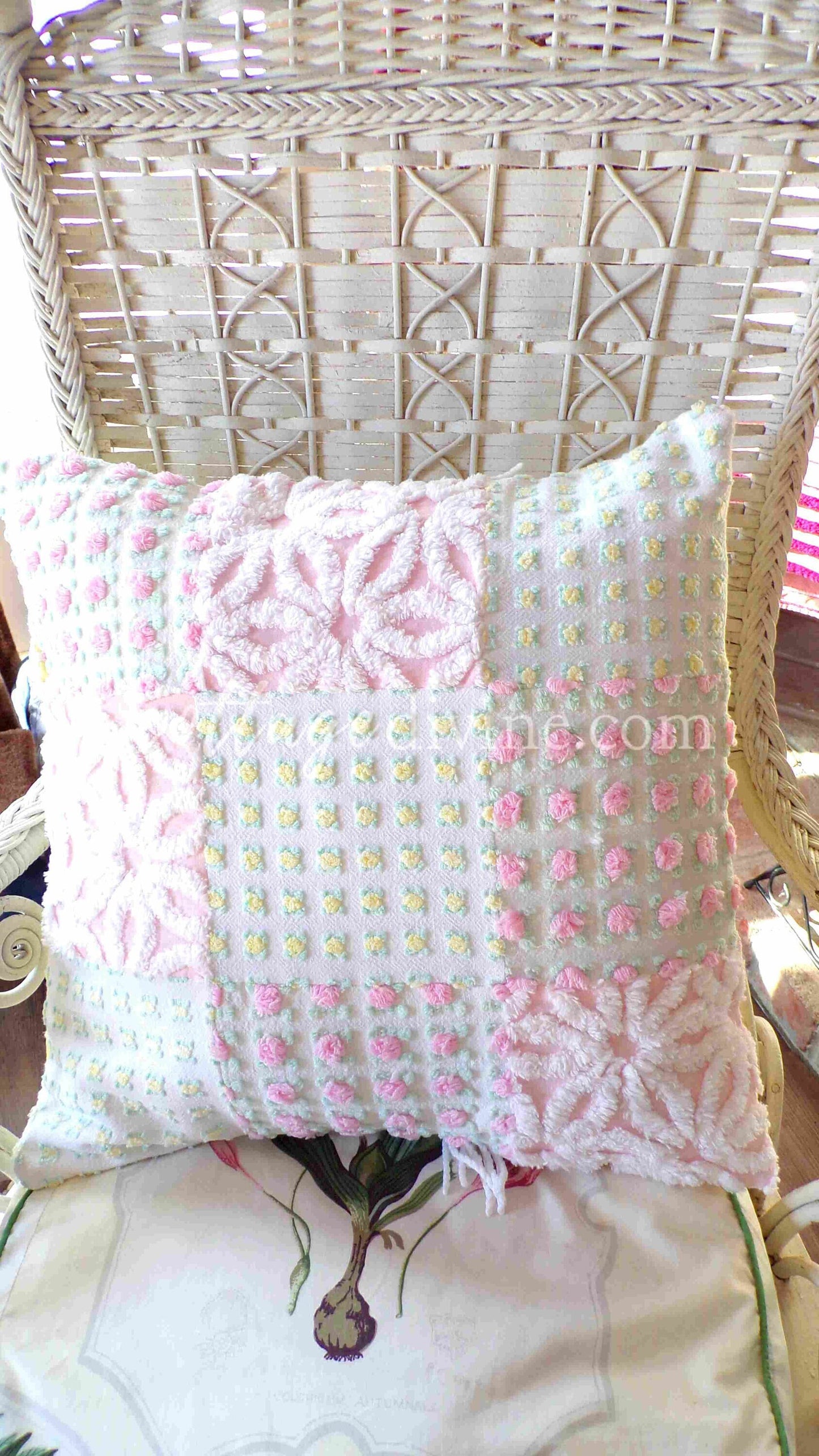 Daisy Rose Cottage Chic Chenille Pillow Cover 16" x 16" inch Square, Vintage REVERSIBLE Accent Pillow, Pink & Yellow Patchwork Design