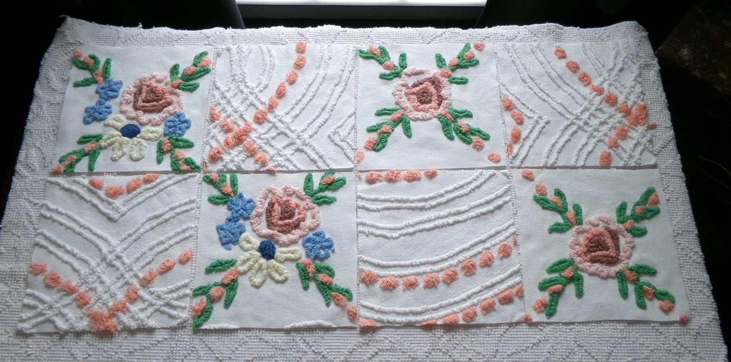 cottage chic chenille fabric squares, set of 8 vintage 7.5" quilt blocks, peach, white rose floral & geometric for sewing, crafts, quilting