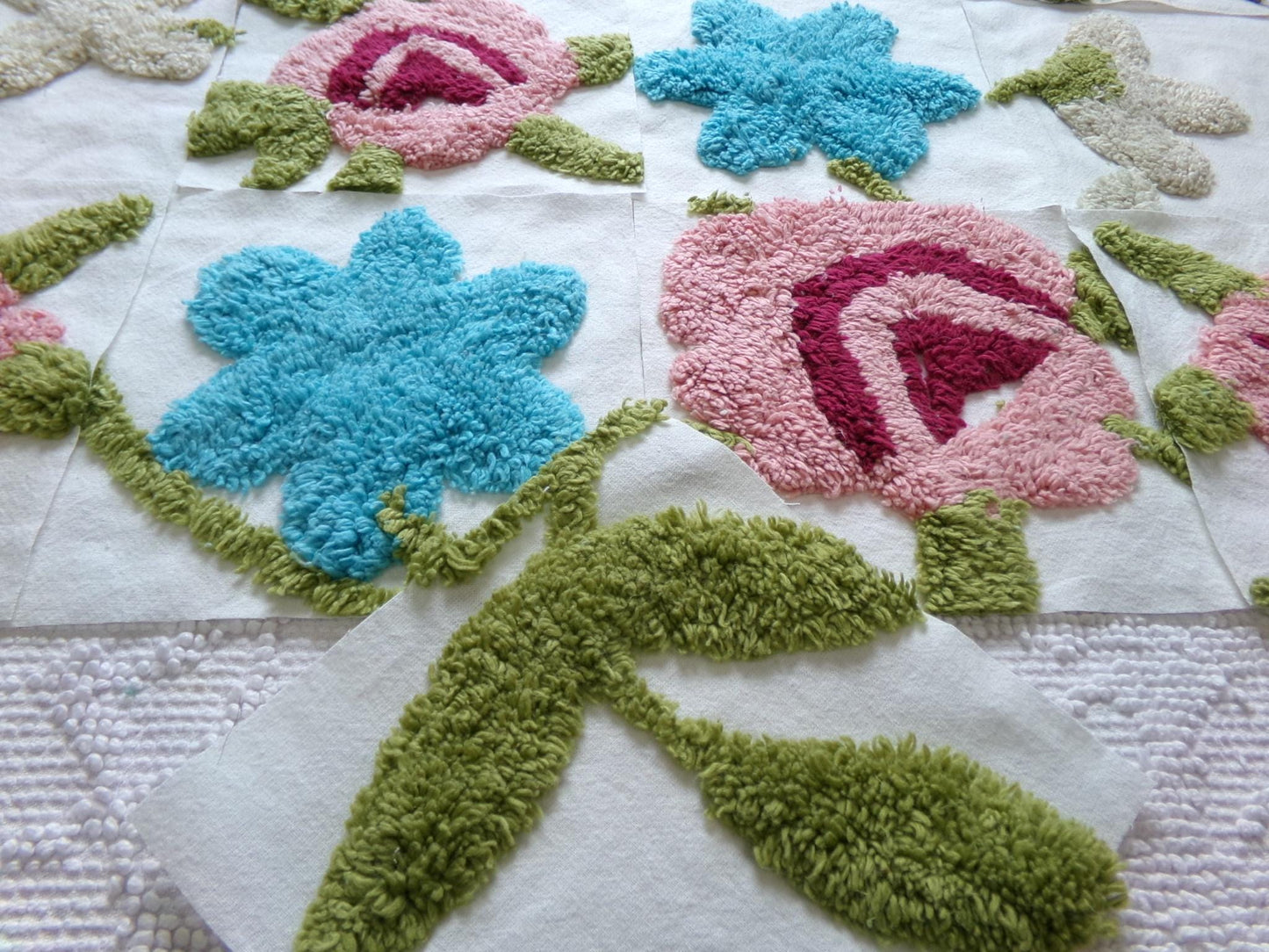 flower petals chenille fabric squares, set of 17 vintage style floral 6" craft blocks, pretty designs for quilt inlays, pillows, fiber arts