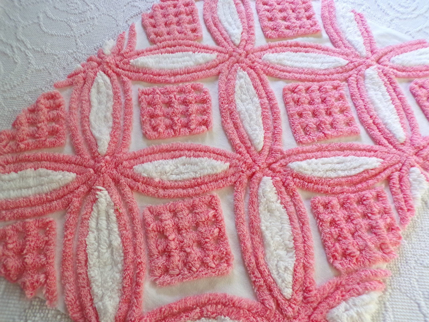 Super Plush Pink & White Chenille Fabric, 18" x 24"-inch Piece, Geometric Print, Vintage 100% Cotton