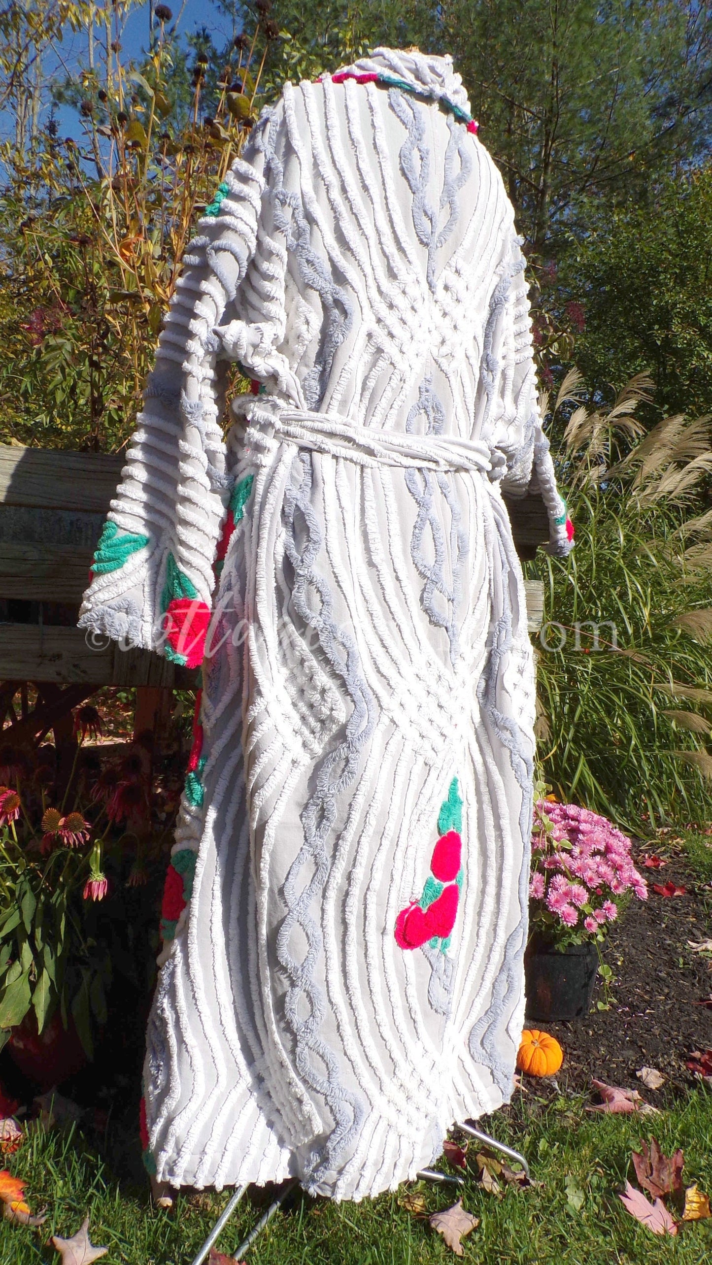 Plus Size Chenille Robe "Lovey Dovey" Red Roses Dove Grey Bathrobe Upcycled from WWII Era Vintage Chenille Bedspread, 1X, 2X Large