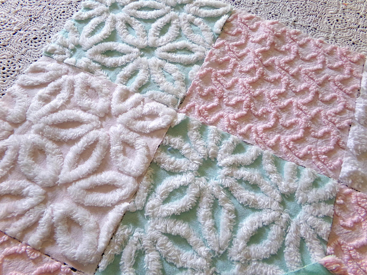 cottage chic 6" chenille squares, set of 17 aqua, pink & white quilt blocks cut from vintage chenille bedspread fabrics, daisies 'n dots
