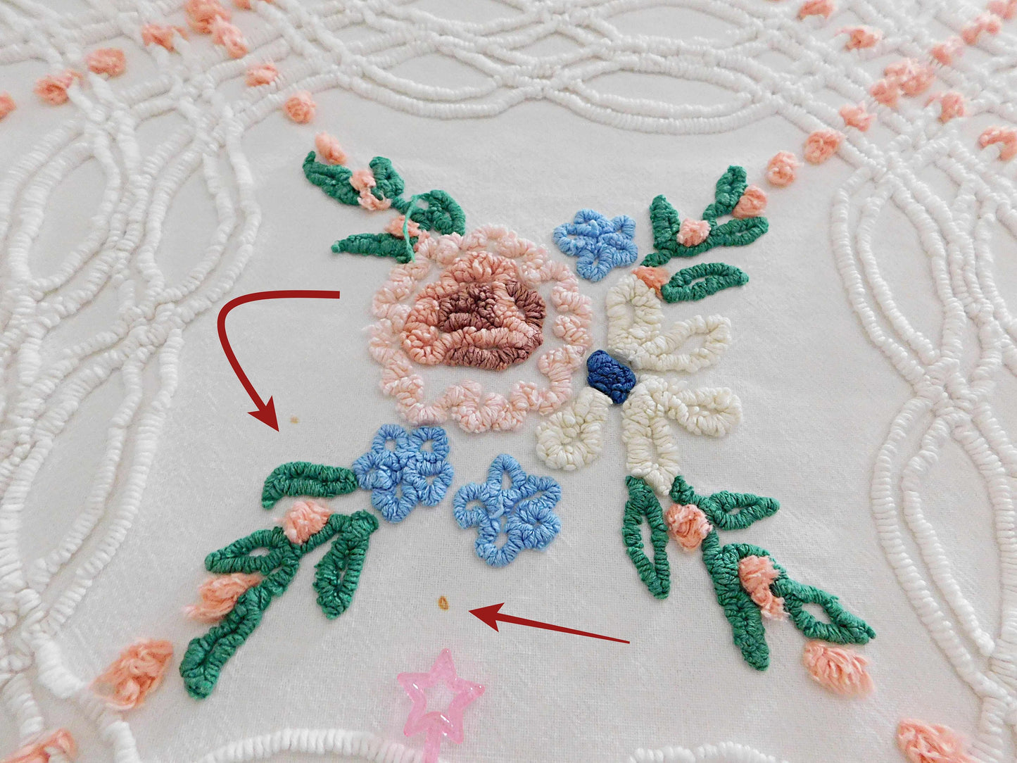 shabby chic chenille bedspread, vintage wildflower daisy rose design, white cotton summer coverlet with peach pops, twin size bedding