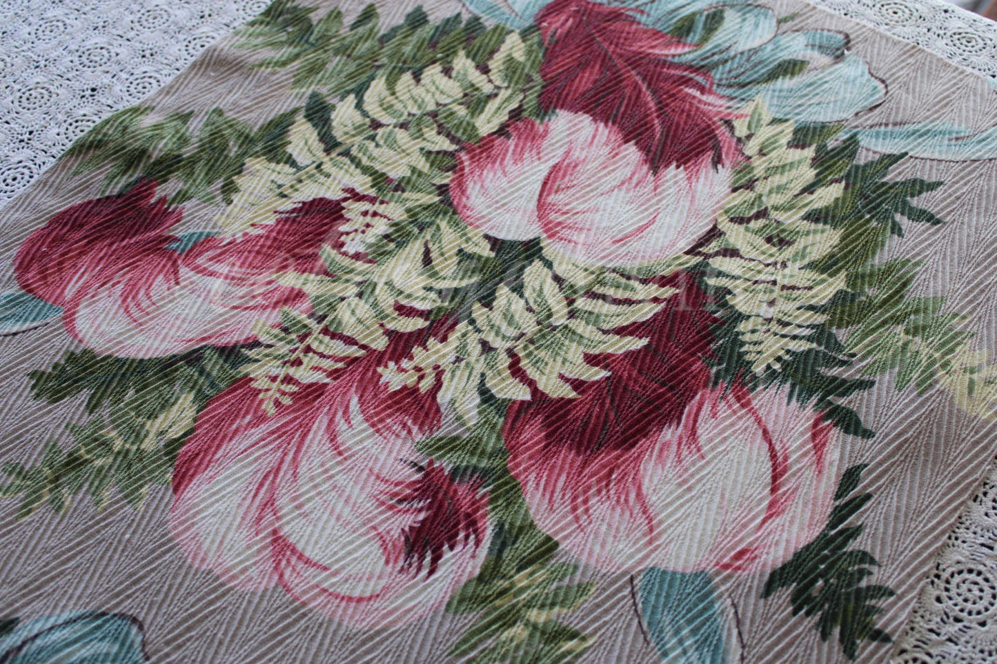 Fabulous Pink Plume Vintage Barkcloth Fabric, 18" x 25" inch Piece, Botanical Floral Print on Cool Grey, Great for DIY Pillows