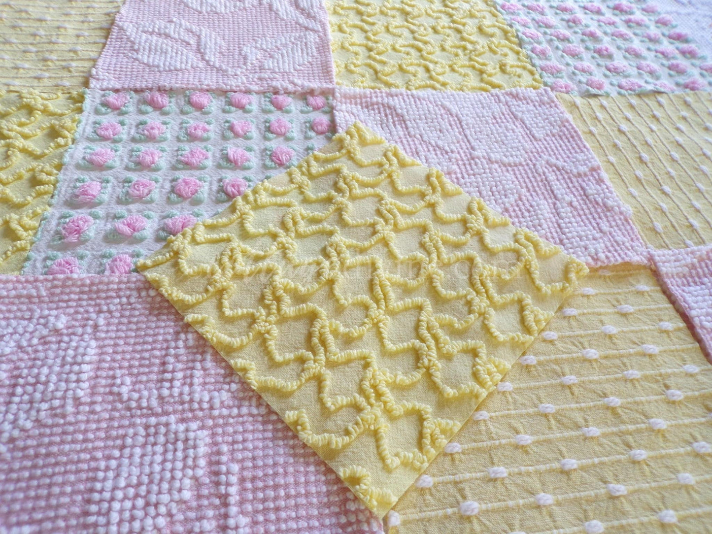 Spring Sunshine Chenille Quilt Squares Set from Vintage Bedspread Fabric, 16 Blocks, 6" x 6" inch