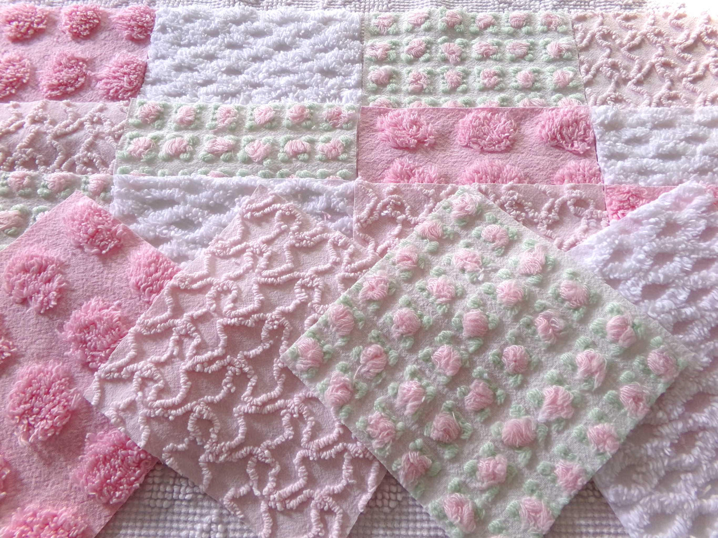 fairy chic chenille fabric squares, pink cottage rosebuds, 16 vintage quilt blocks 6" x 6" inch, for patchwork pillows, quilting, crafts