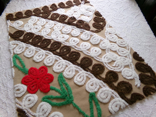 vintage chenille fabric, chocolate cake with a cherry on top, 20" x 26" piece of cotton sewing material in red flower, mocha, brown & white