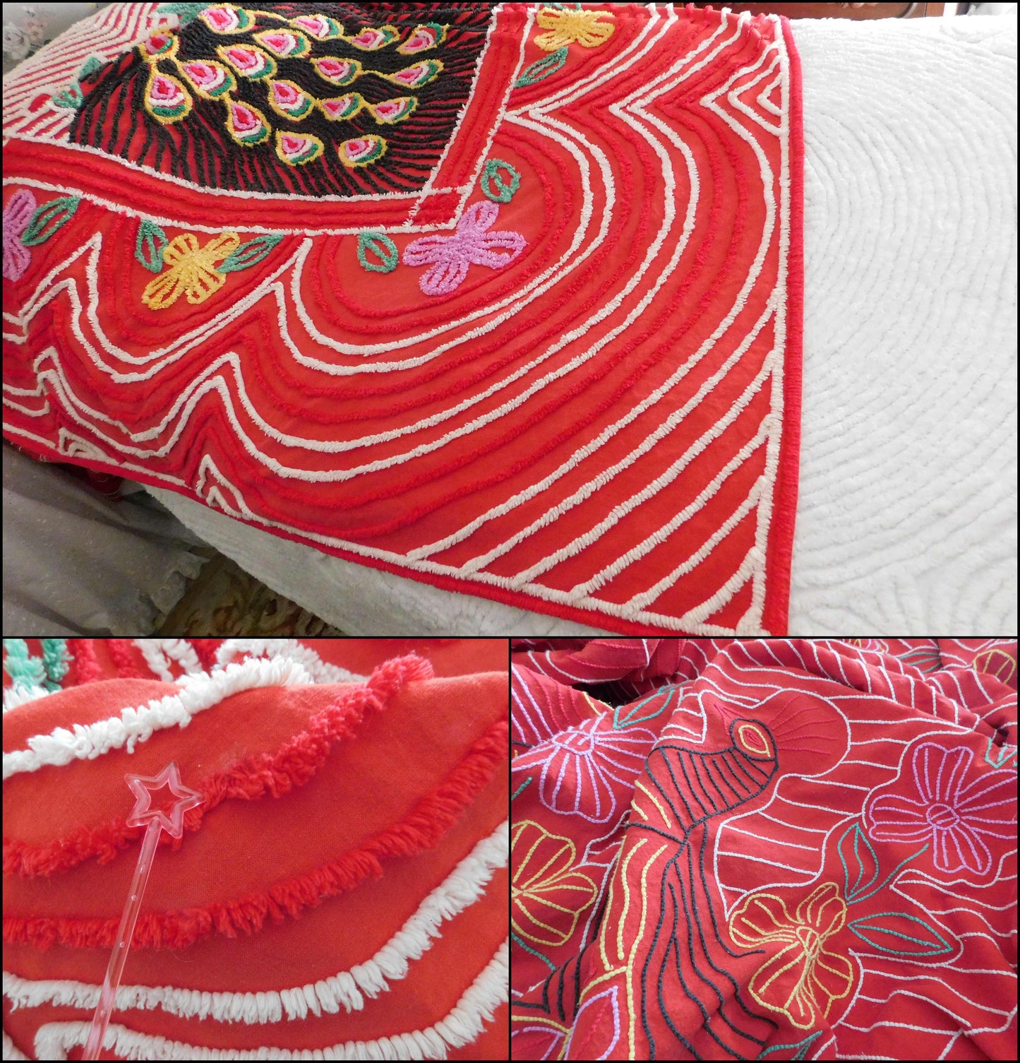 Vivid Red Peacock Vintage Chenille Bedspread, Rainbow Lovebirds with Gothic Black Feathers, 100% Cotton Full Size Bedding