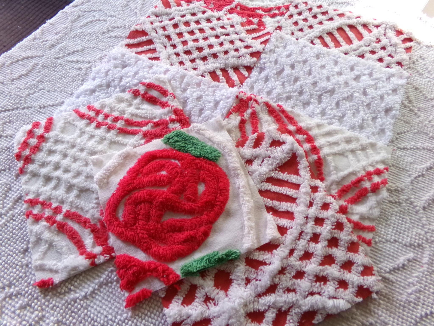 rose red & white chenille fabric squares, 7.5" vintage quilt blocks, set of 8 for sewing, Christmas crafts, quilting