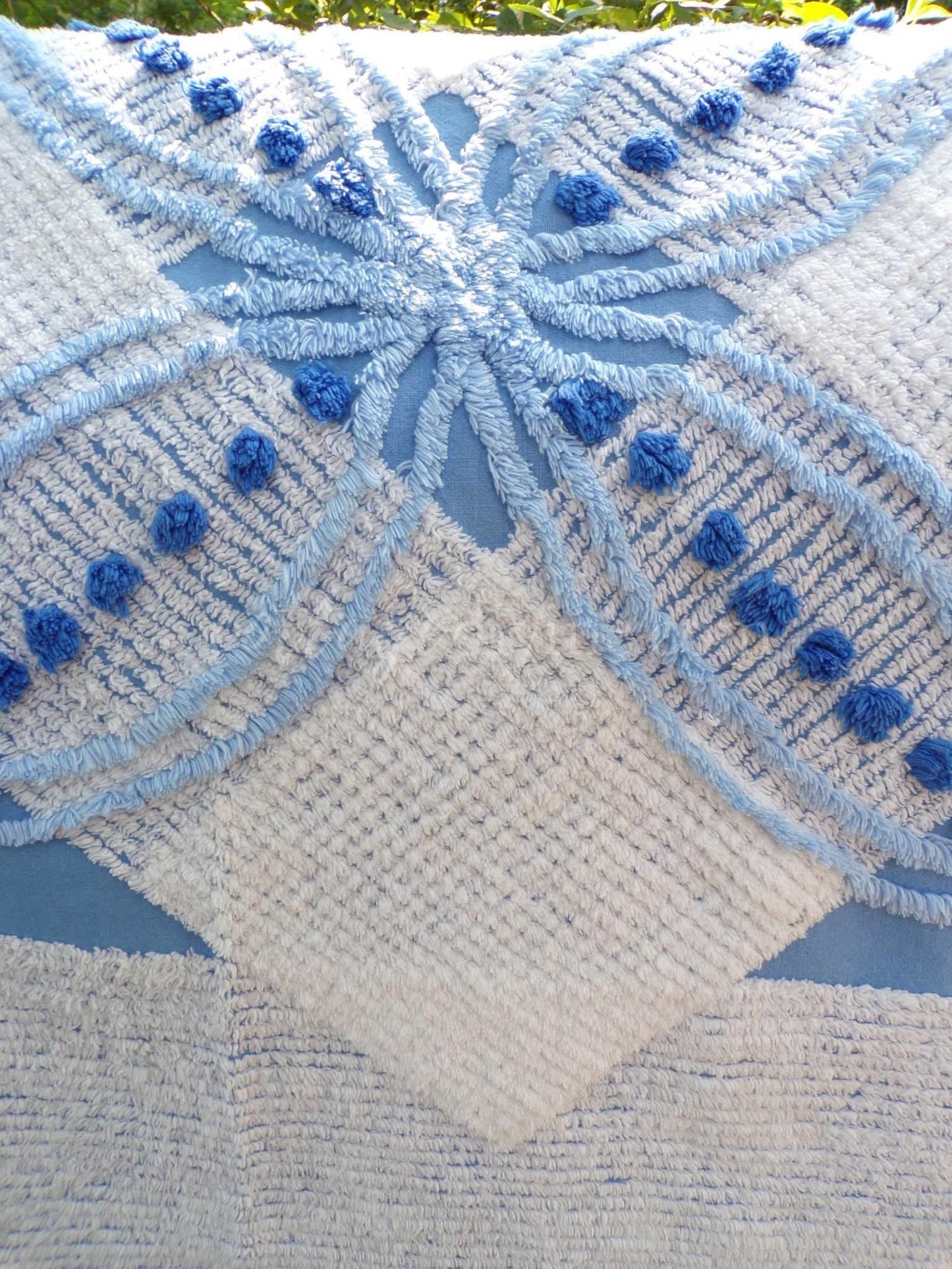 mystic coastal blue & white vintage chenille fabric, starburst geometric pattern, 22" x 23" inch piece of unique cotton sewing material