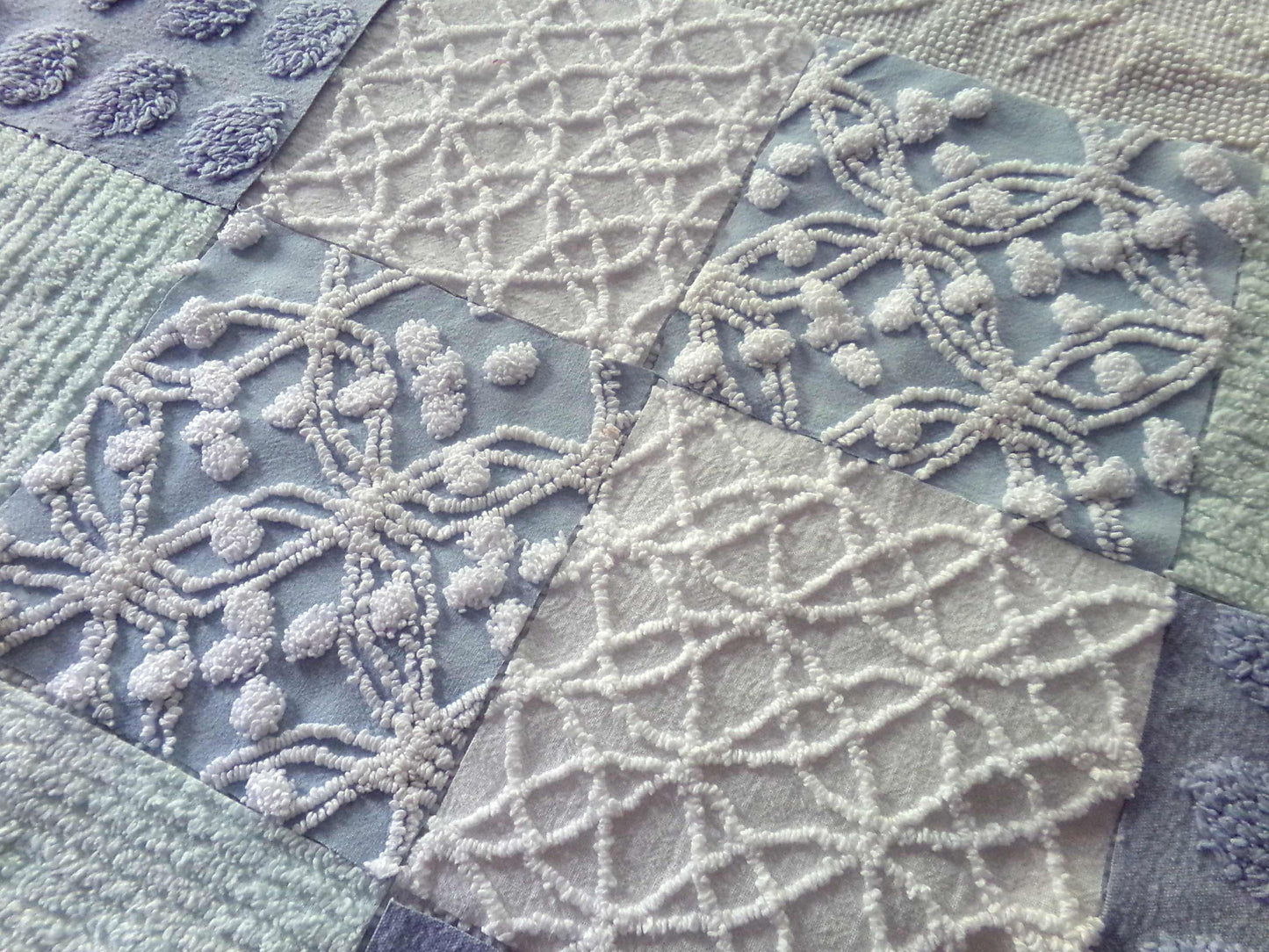 Chenille Fabric Squares Set, "Beach Life", 16 Vintage Quilt Blocks, 6" inch in Blue, Cool Aqua & White