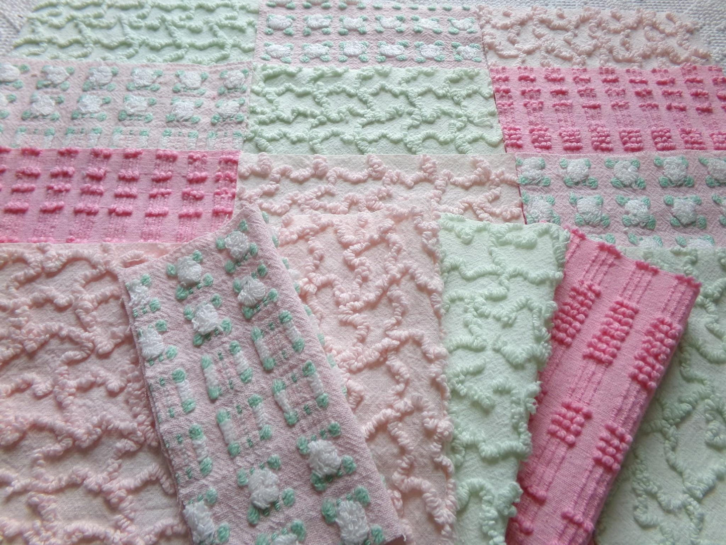 phantom rose 6" chenille squares, green, pink, white rosebud, set of 16 quilt blocks rotary cut from vintage chenille bedspread fabrics