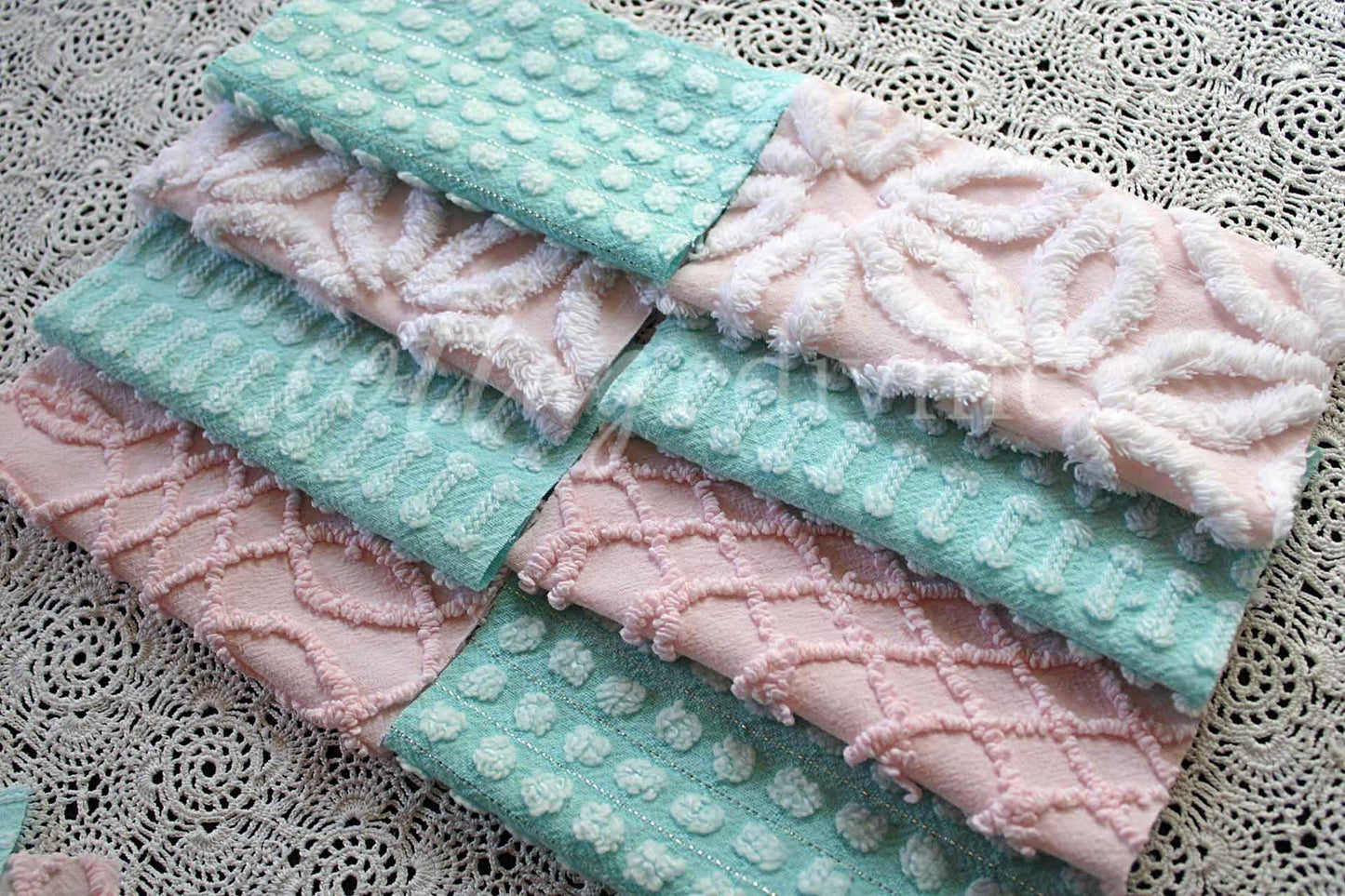 Pink & Aqua Chenille Quilt Squares Set, Rotary Cut from Vintage Chenille Bedspread Fabric, 16 Blocks, 6" x 6" inch each