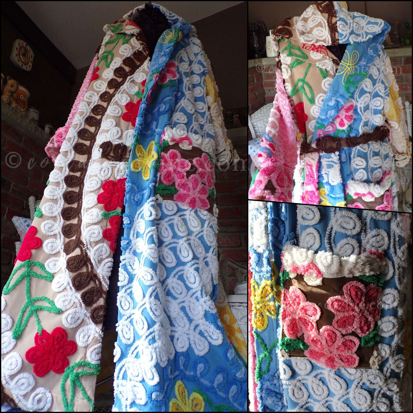 Shabby Patchwork Vintage Chenille Robe, Ladies M/L HOODED Bathrobe, Upcycled Art to Wear