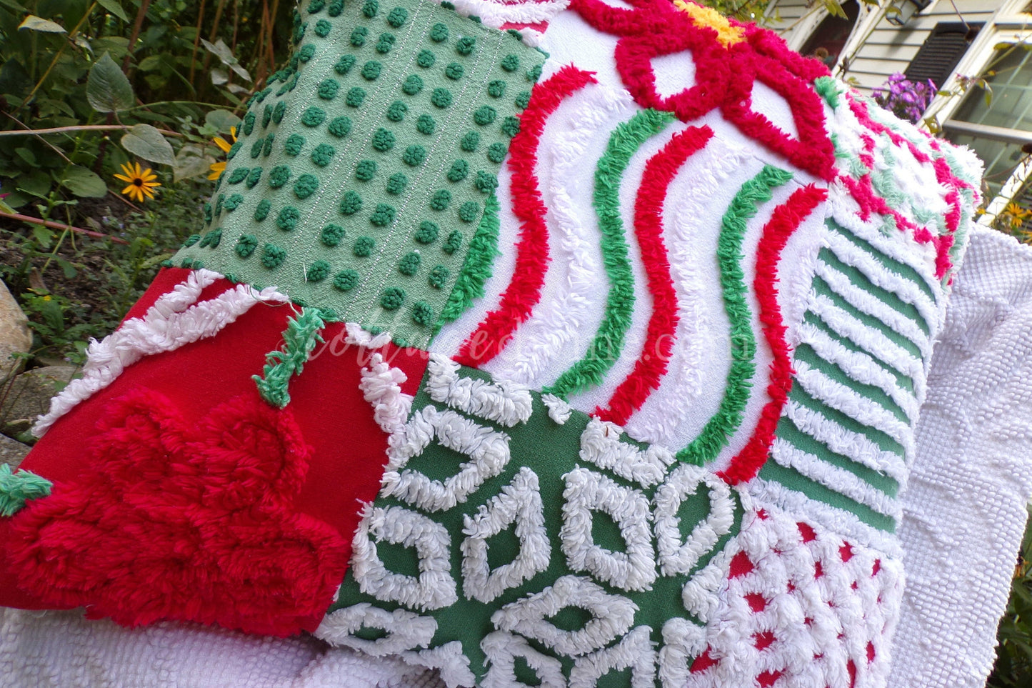 Christmas Patchwork Chenille Pillow Cover 16" x 16" inch Square, REVERSIBLE Accent Pillow Designed from Vintage Chenille Bedspread Fabric