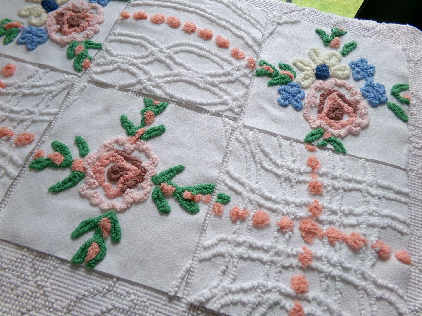 summer garden chenille fabric squares, set of 6 vintage 7.5" quilt blocks, peach, white rose floral & geometric for sewing, crafts, quilting