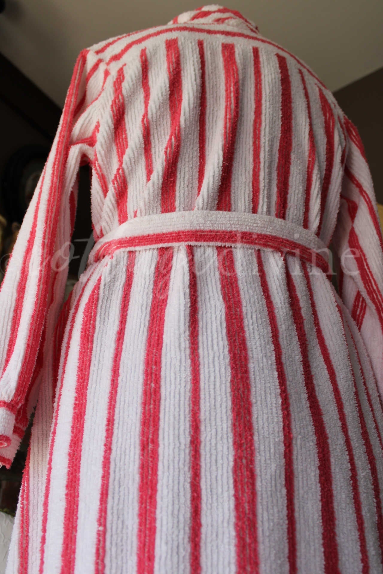 Feminine Flattering Vintage Chenille Robe, Siren Red & White Stripes Bathrobe, Ladies Size S, Lightweight Summer Cotton Blend