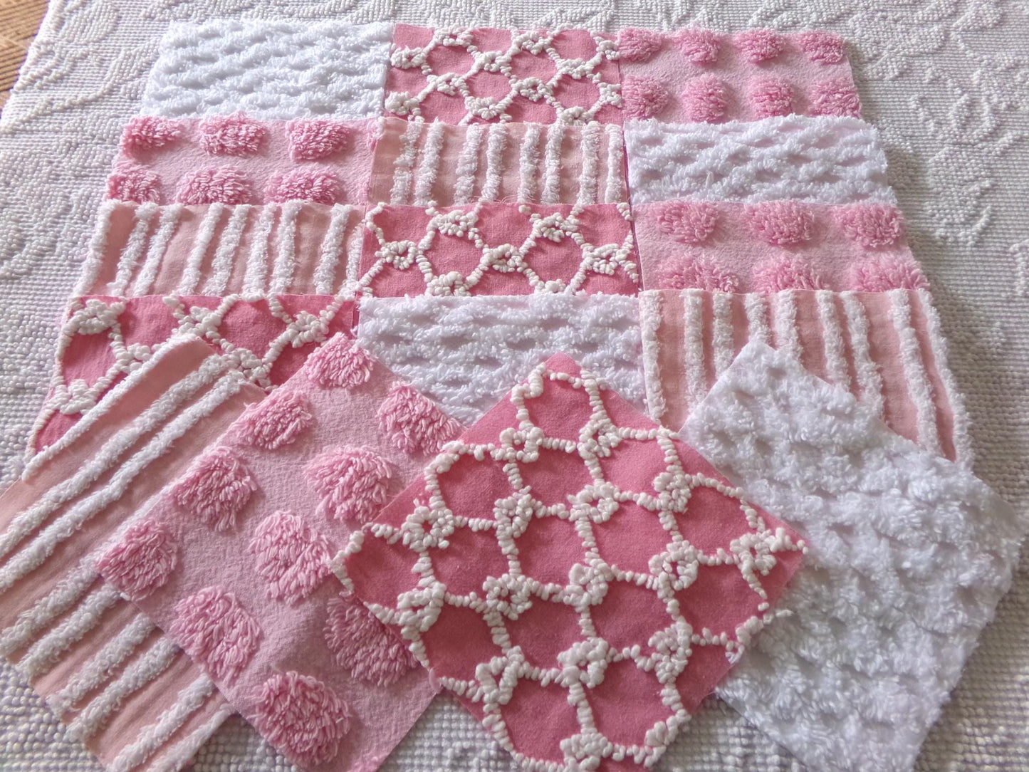fun pink vintage chenille fabric squares, set of 16 quilt blocks, 6" x 6" inch, textured material ideal for rag quilts & patchwork pillows