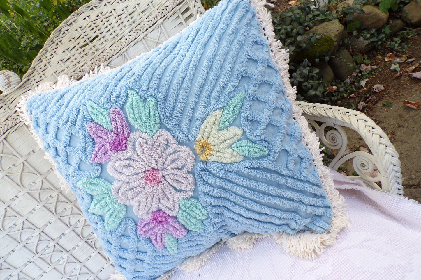 Cottage Blue Floral Chenille Pillow Cover 17" x 17" inch Square, REVERSIBLE Accent Fringe Pillow from Vintage Chenille Bedspread Fabric