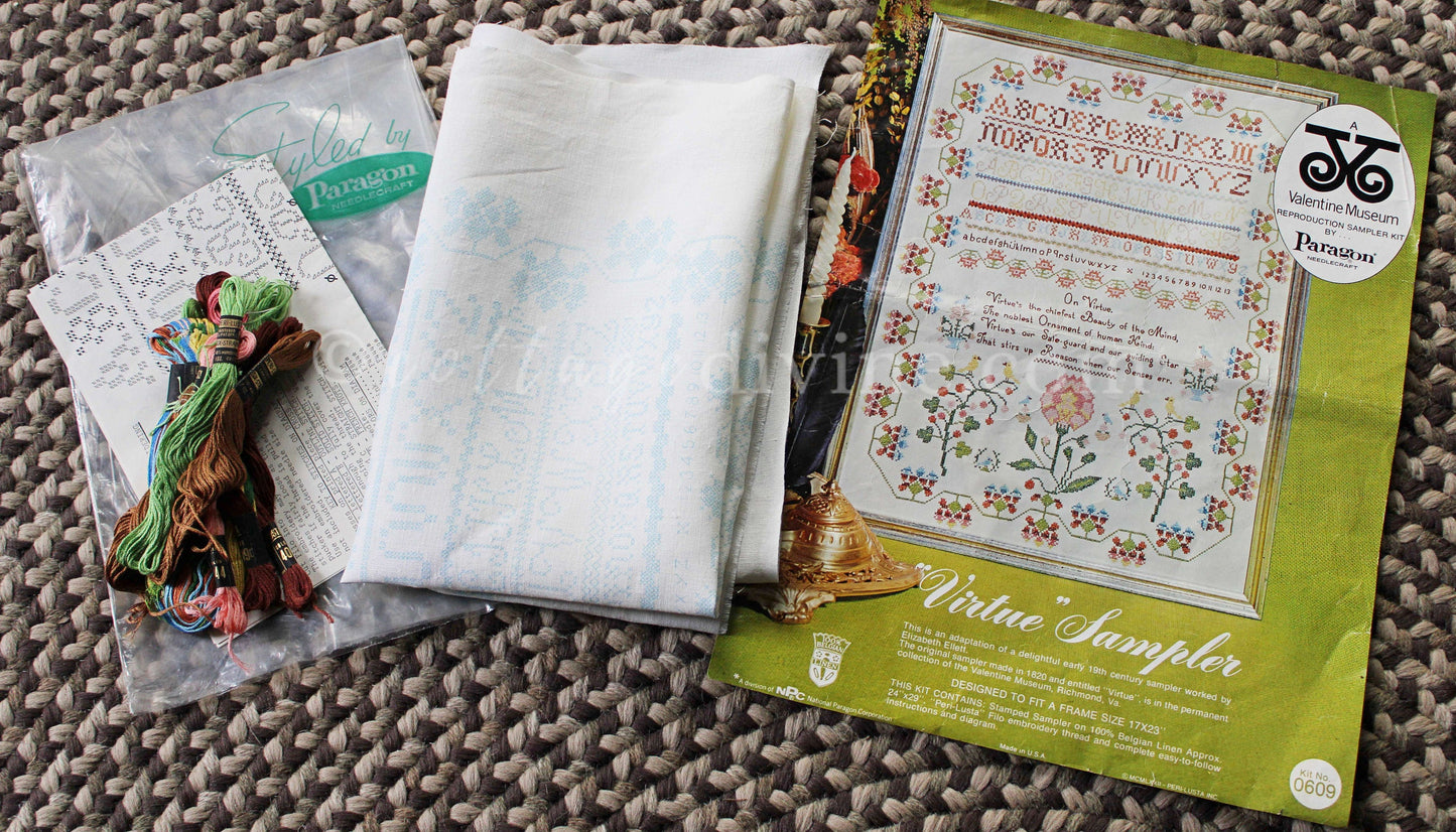 Rare VIRTUE Embroidery Sampler, Paragon Needlecraft Valentine Museum Reproduction, Vintage Cross Stitch Stitchery Kit # 0609, Belgian Linen