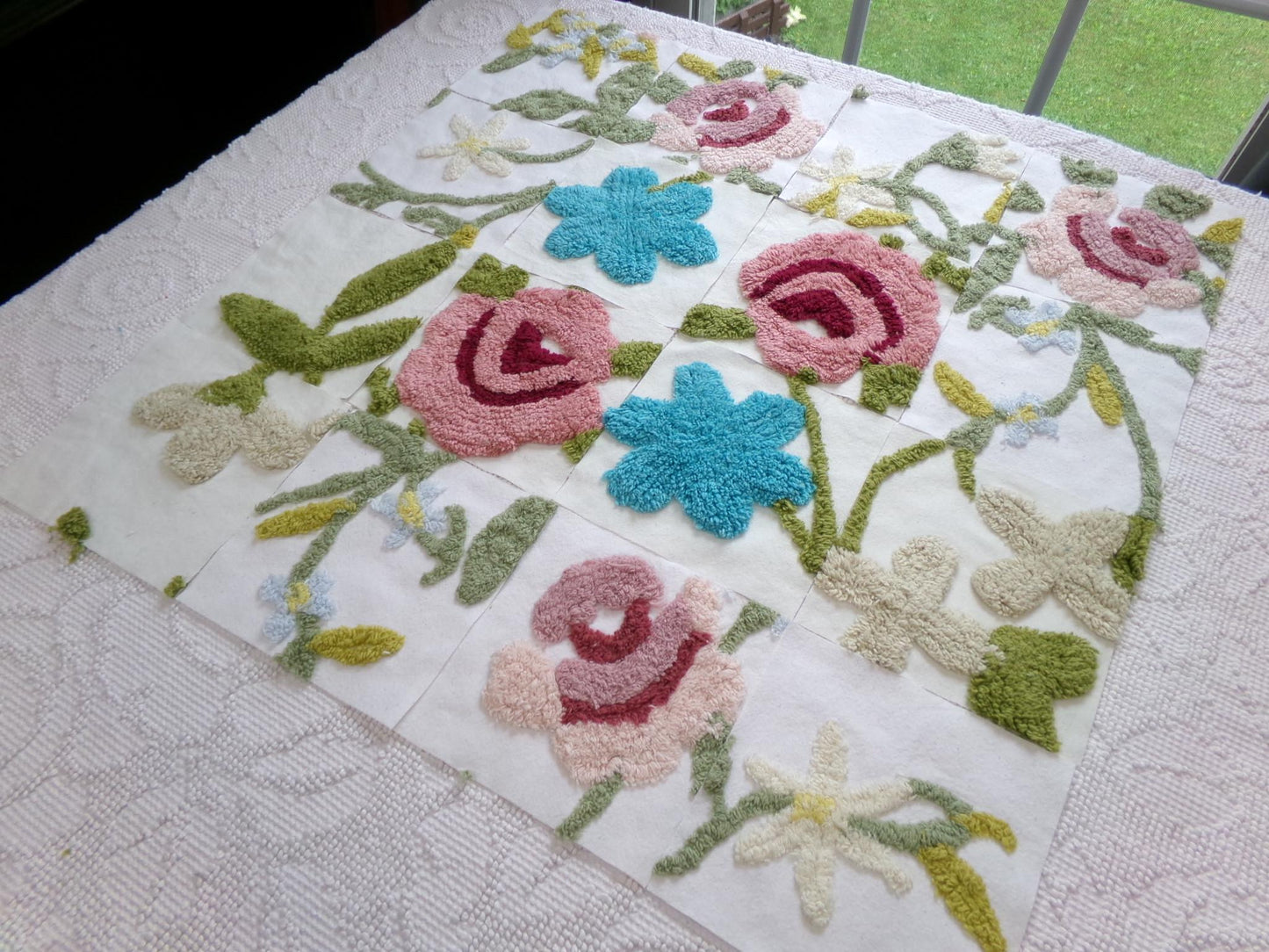 flower festival chenille fabric squares, set of 16 vintage floral 6" craft blocks, cottage designs for quilt inlays, pillows, fiber arts