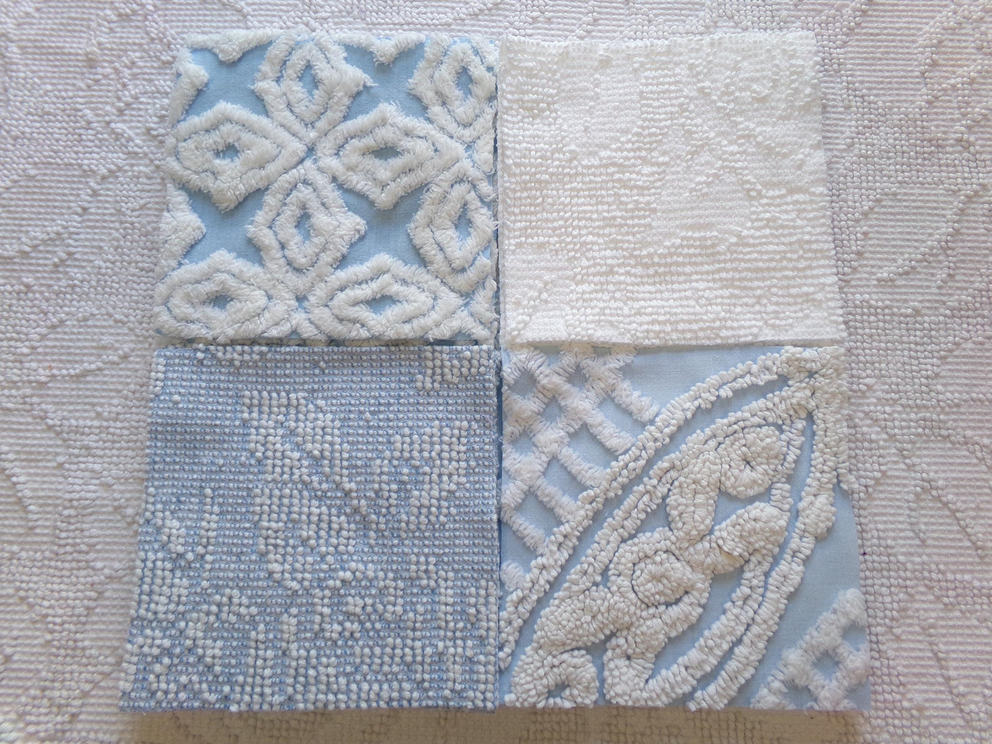 seaside serenity vintage chenille fabric squares, set of 16 blue & white 6" blocks for crafts, sewing