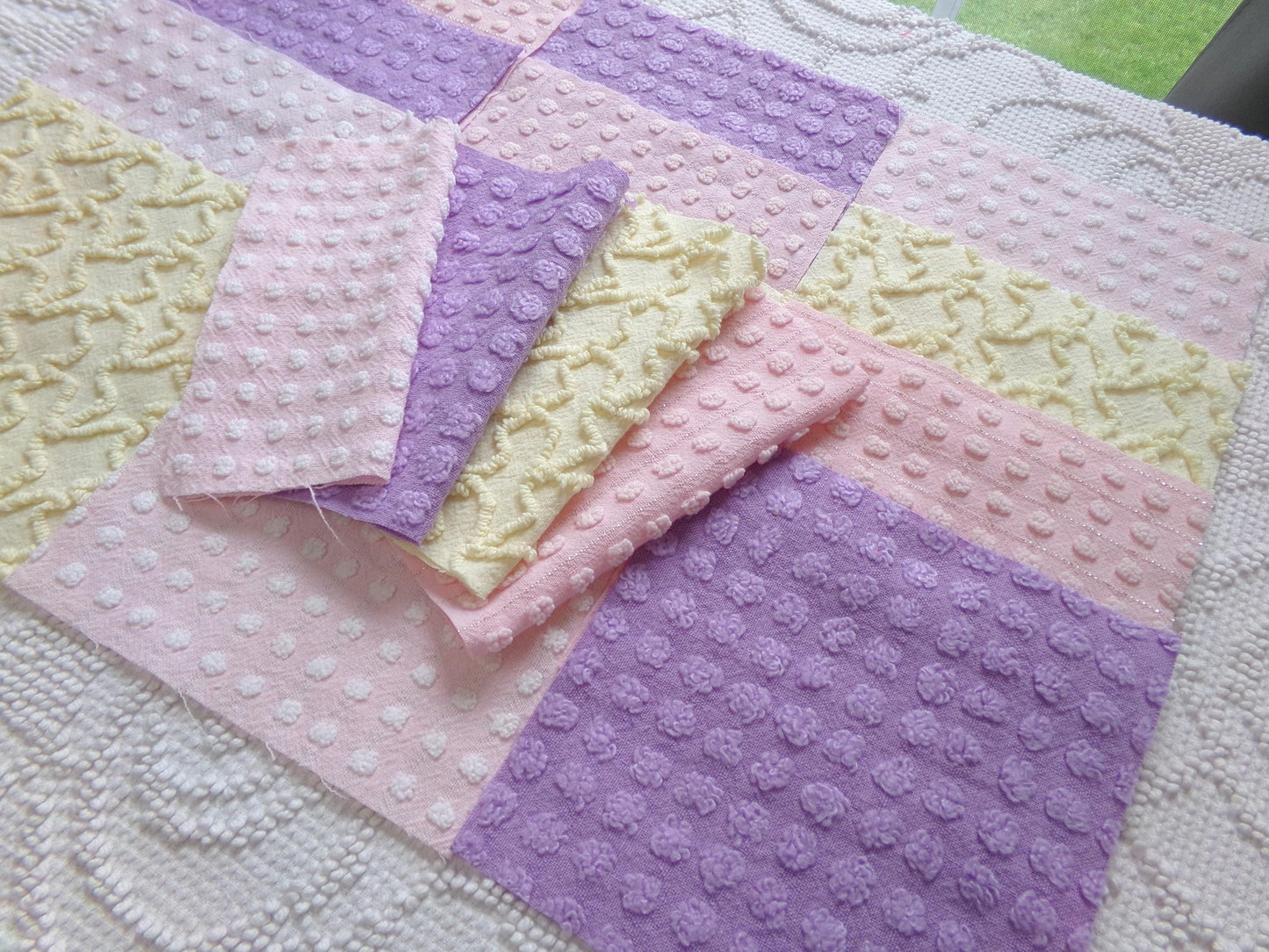 fairy magic 6" chenille fabric squares, set of 16 pink, yellow & lavender quilt blocks for quilting, sewing, crafts