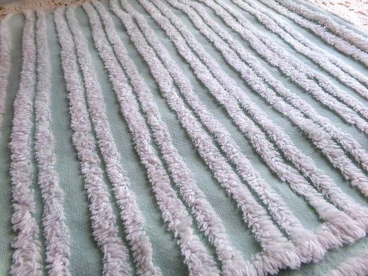 mint green & white striped chenille fabric, tufted stripes on vintage cotton, 16" x 27" inch cut piece, for sewing, craft projects