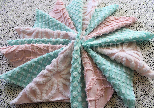 Pink & Aqua Chenille Quilt Squares Set, Rotary Cut from Vintage Chenille Bedspread Fabric, 16 Blocks, 6" x 6" inch each