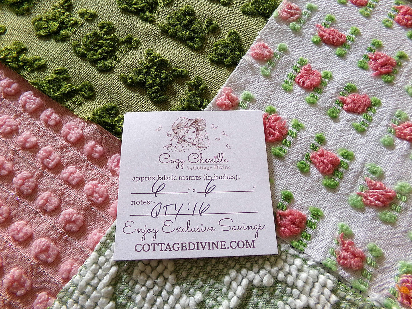 Olive & Ombre Rose Chenille Fabric Squares Set, Old Fashioned 16 Vintage Quilt Blocks, 6" x 6" inches each, for Quilting, Sewing, Pillows