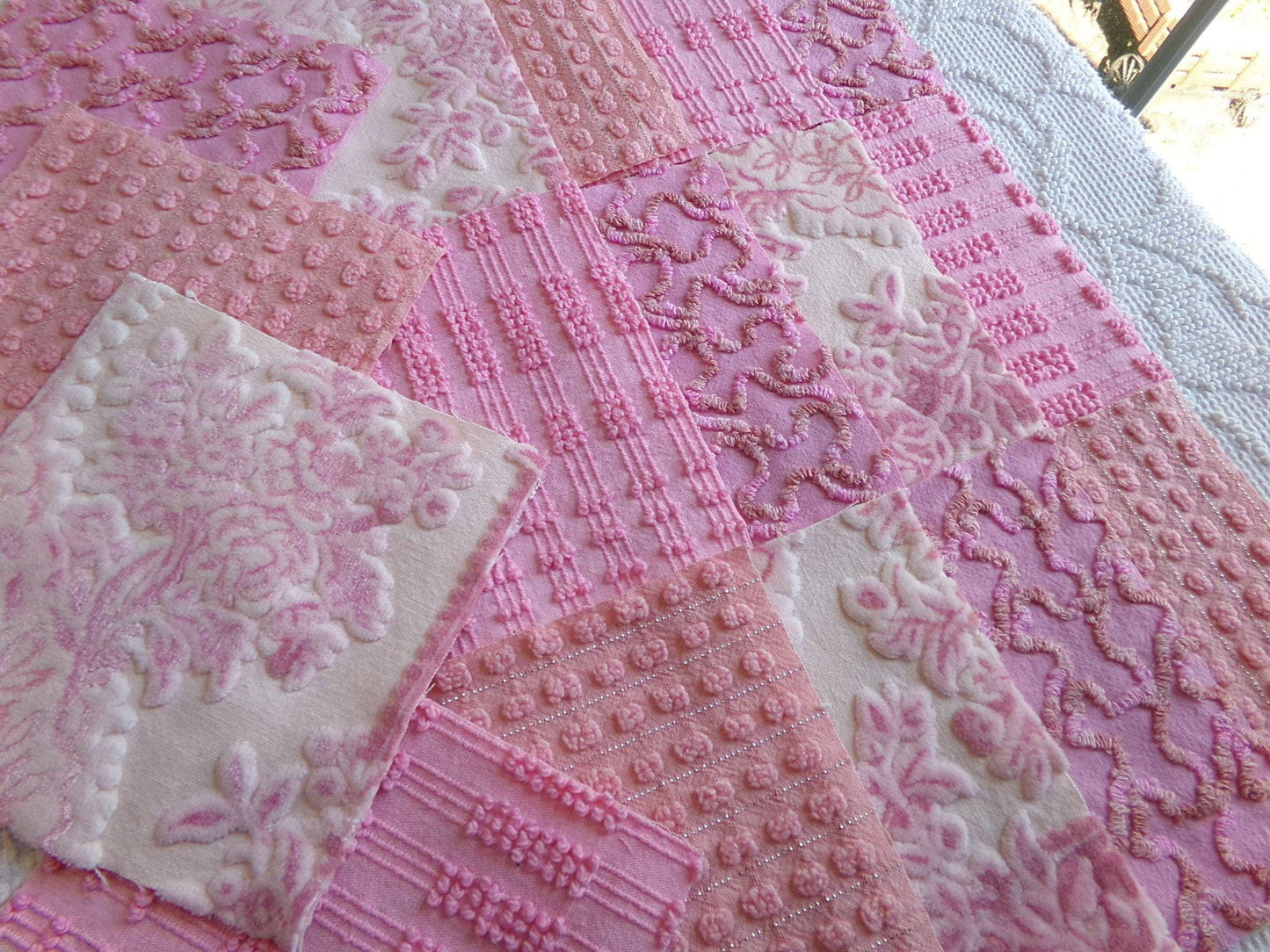 lux pink velvet & chenille fabric squares, set of 16 texturized vintage craft quilt blocks 6" inches for quilt inlays, pillows, fiber arts