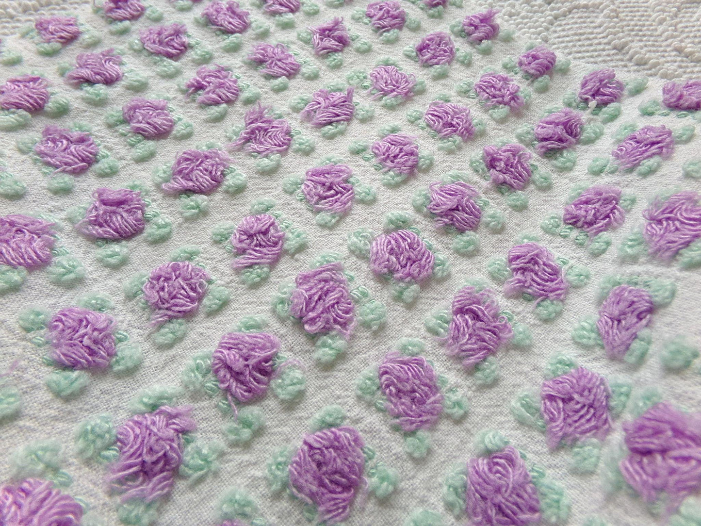 divine amethyst purple rosebud chenille fabric, rare vintage 18" x 25" piece of Morgan Jones sewing material for quilts, pillows, crafts