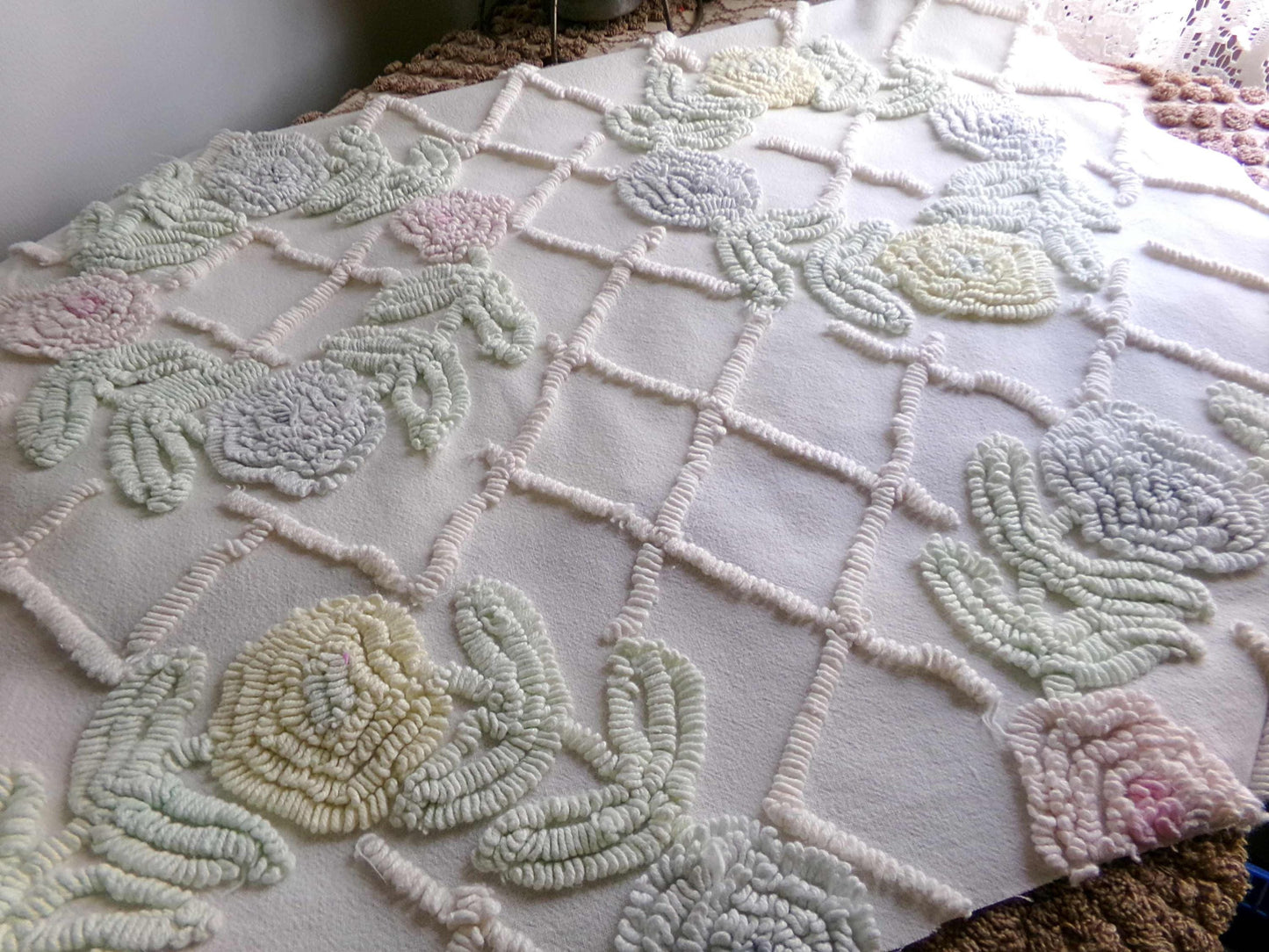 Pastel Spring Floral Wreaths Vintage Chenille FABRIC PIECE, 21" x 30" inches, Antique Cream