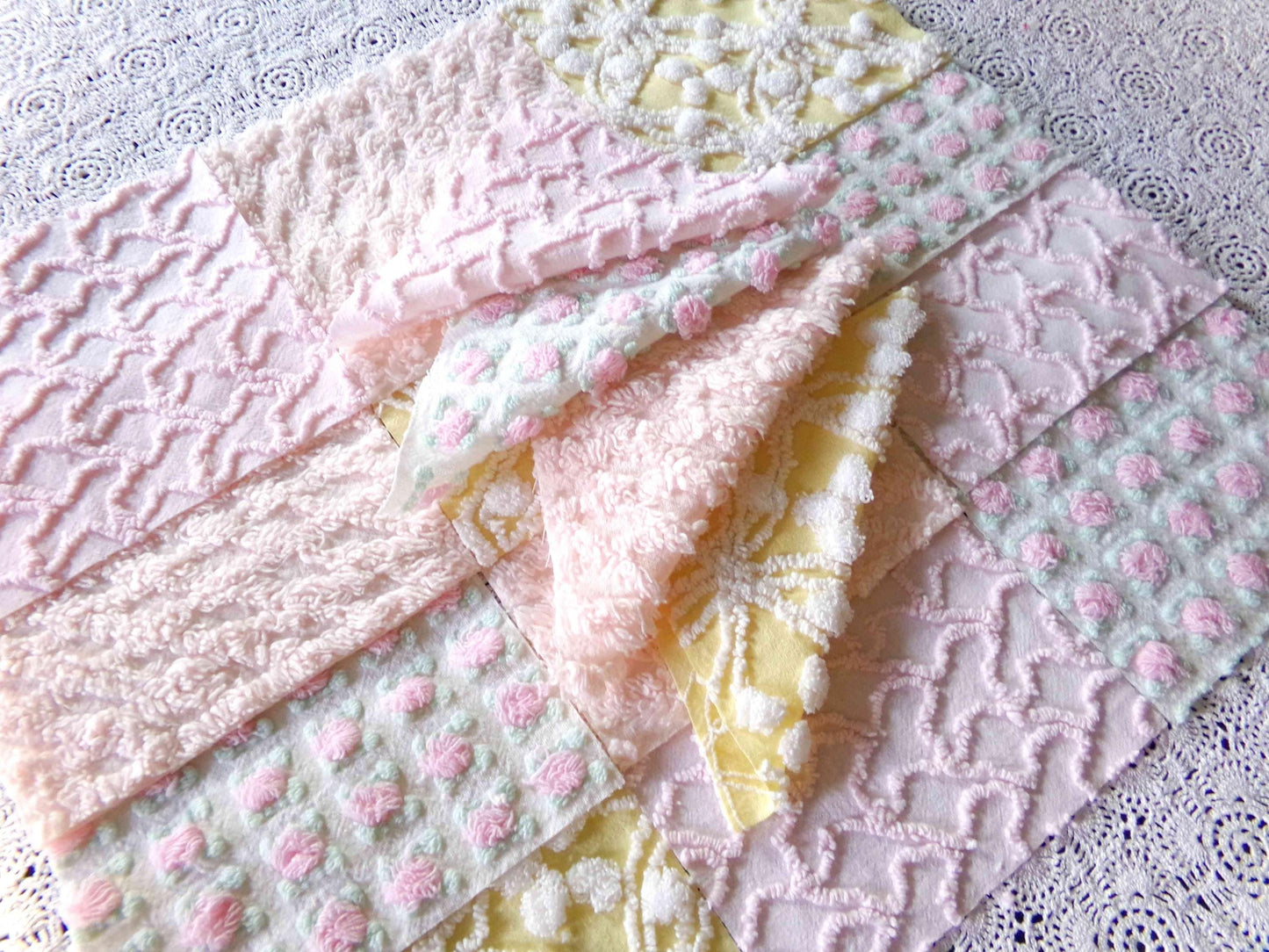Whispers of Spring Vintage Chenille Fabric Squares Set 16 Blocks, 6" inch ea in Peach, Yellow, Pink & White daisies, rosebud, lattice, pops