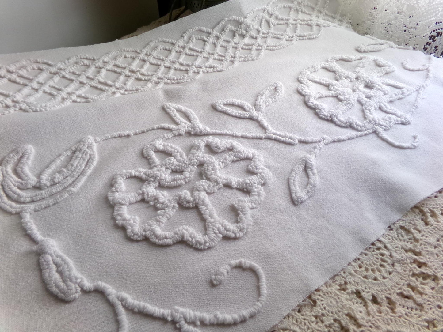 sophisticated white floral vintage chenille fabric, cotton sewing material, 15" x 27" inch piece for crafts & quilting