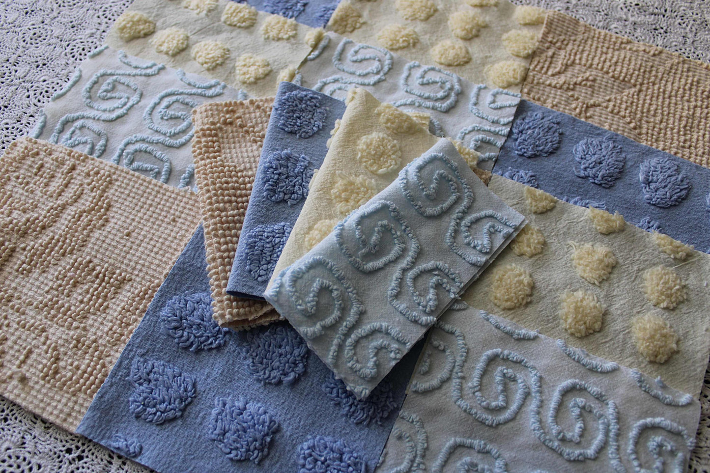 Ocean Sands Vintage Chenille Fabric Squares, Blue & Golden Sand Craft Square Set, 16 Blocks, 6" x 6" inch, Modern Chic