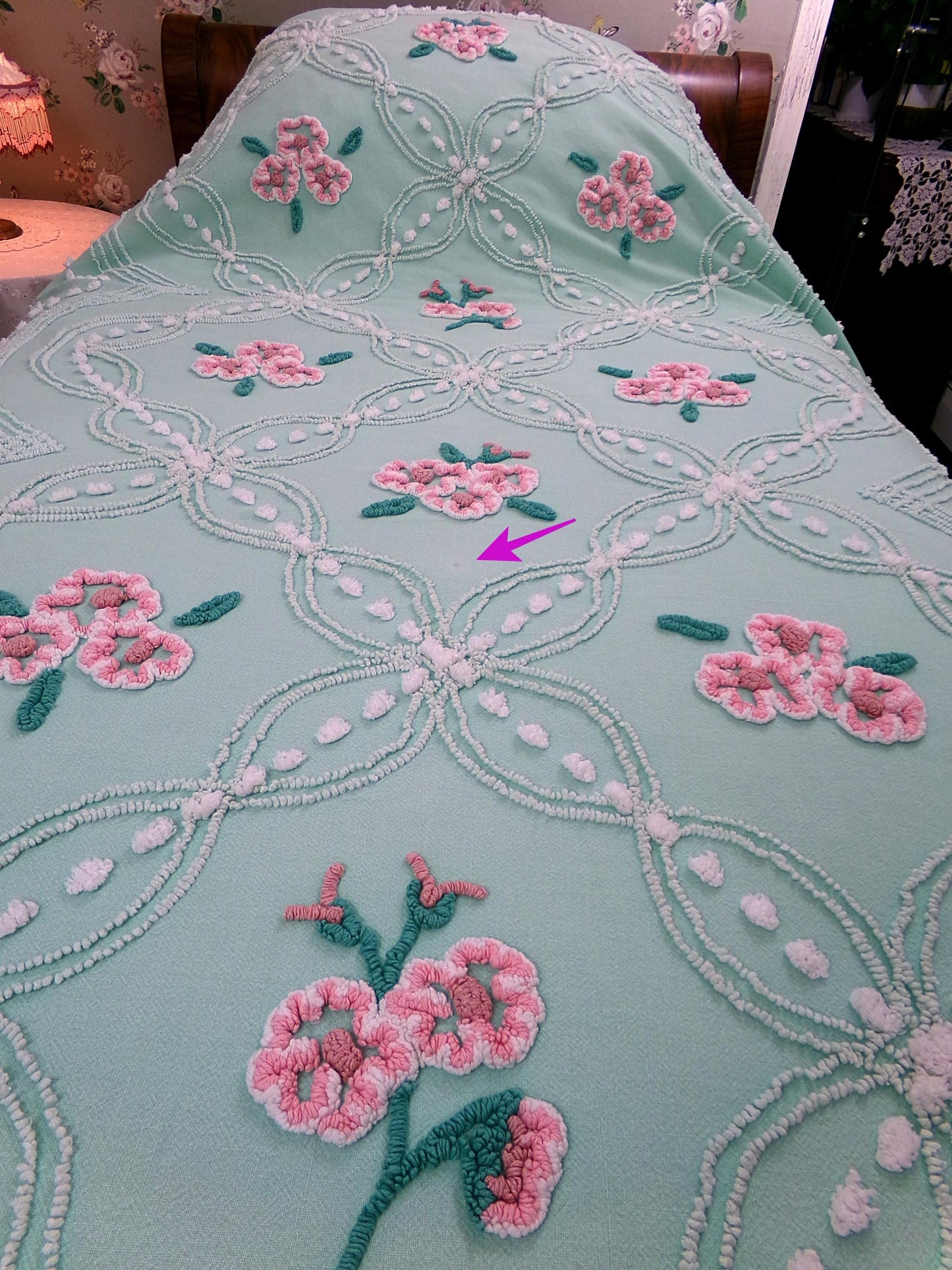 jade green pink rose vintage chenille bedspread, beautiful twin size shabby chic style bedding, great as a summer cottage coverlet