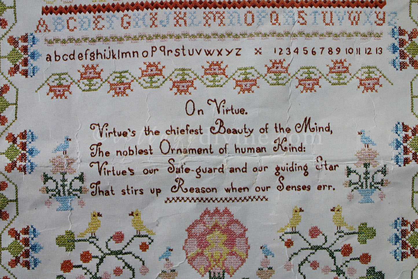 Rare VIRTUE Embroidery Sampler, Paragon Needlecraft Valentine Museum Reproduction, Vintage Cross Stitch Stitchery Kit # 0609, Belgian Linen