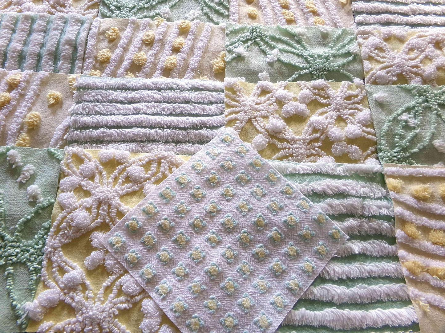 Springtime Fresh Chenille Fabric Squares Set in Yellow, Green & White, 17 Blocks, 6" inch ea, Cheery Stripes, Dots Geometric Designs