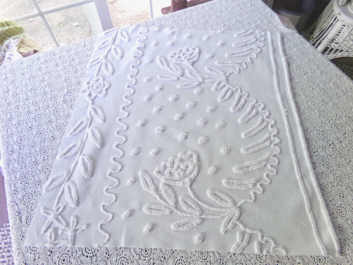 Farmhouse Floral White Vintage Chenille Fabric, 20" x 23" inch Piece, Timeless & Elegant