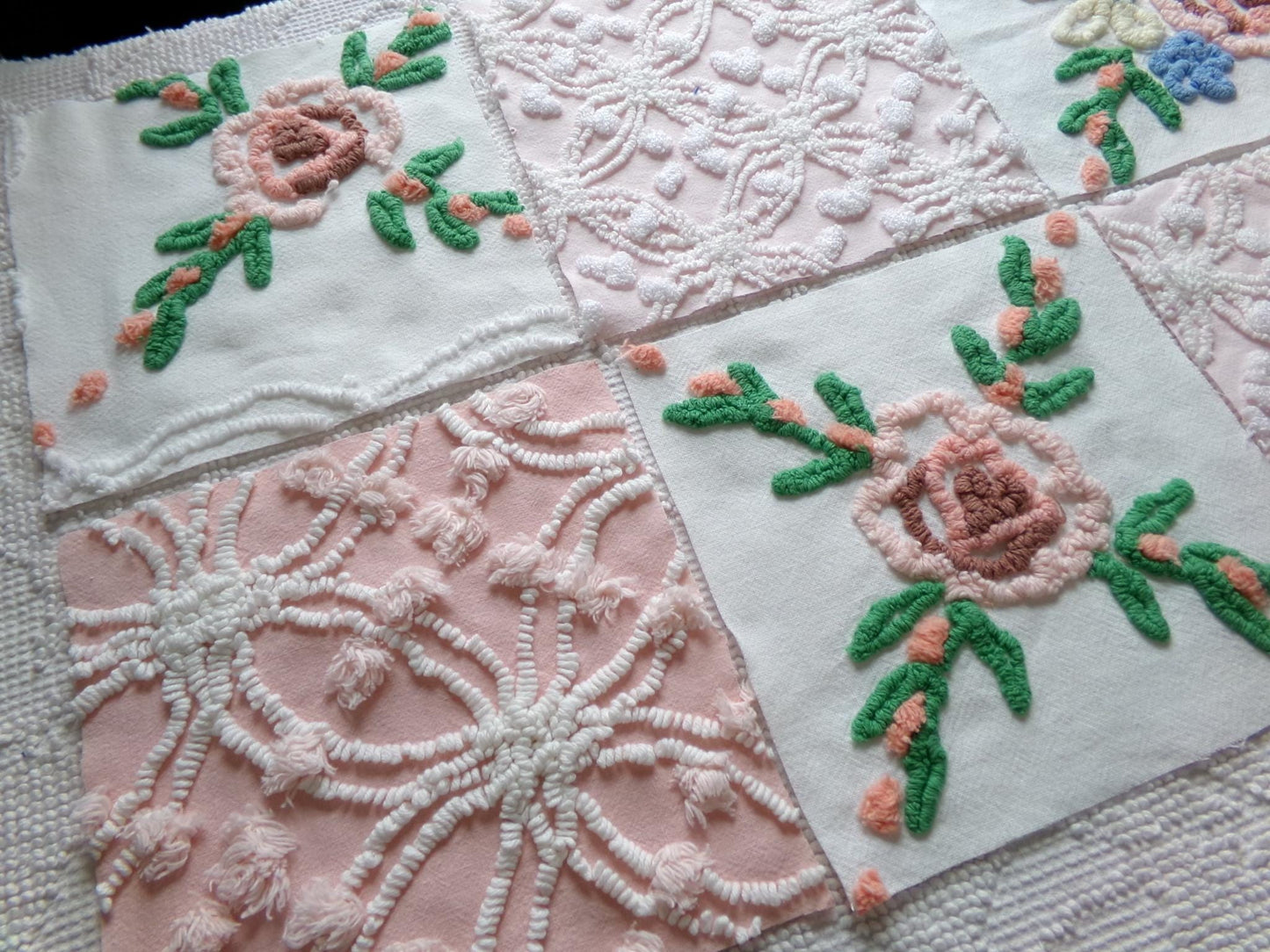 shabby fantasy florals chenille fabric squares, set of 8 vintage 7.5" quilt blocks, pink & white wildflowers for sewing, crafts, quilting
