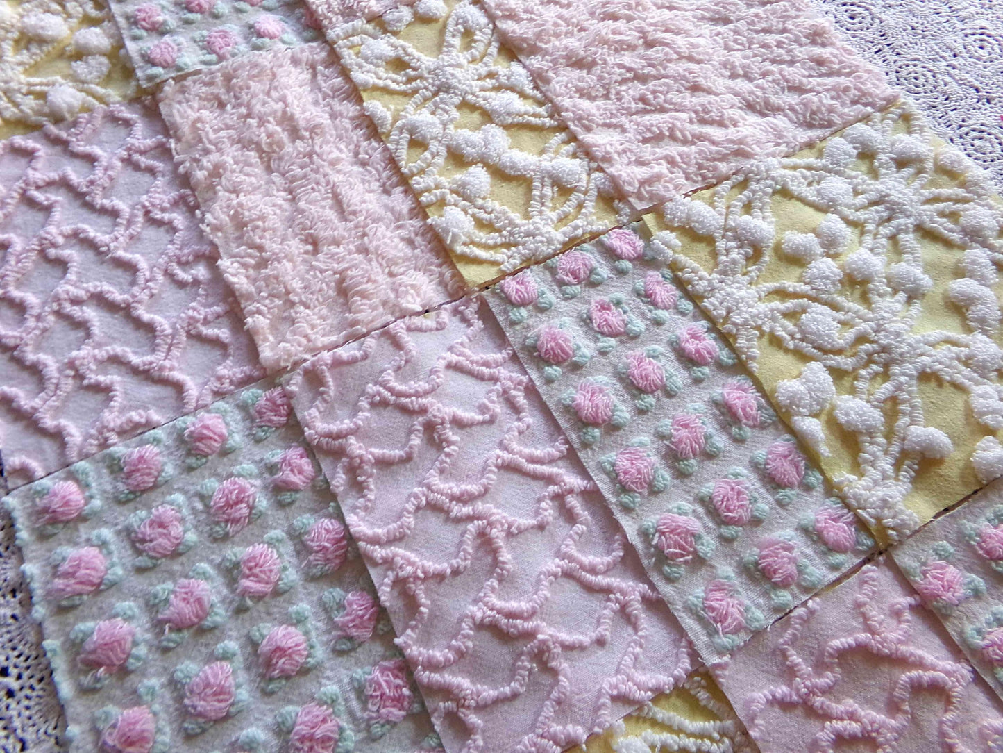 Whispers of Spring Vintage Chenille Fabric Squares Set 16 Blocks, 6" inch ea in Peach, Yellow, Pink & White daisies, rosebud, lattice, pops