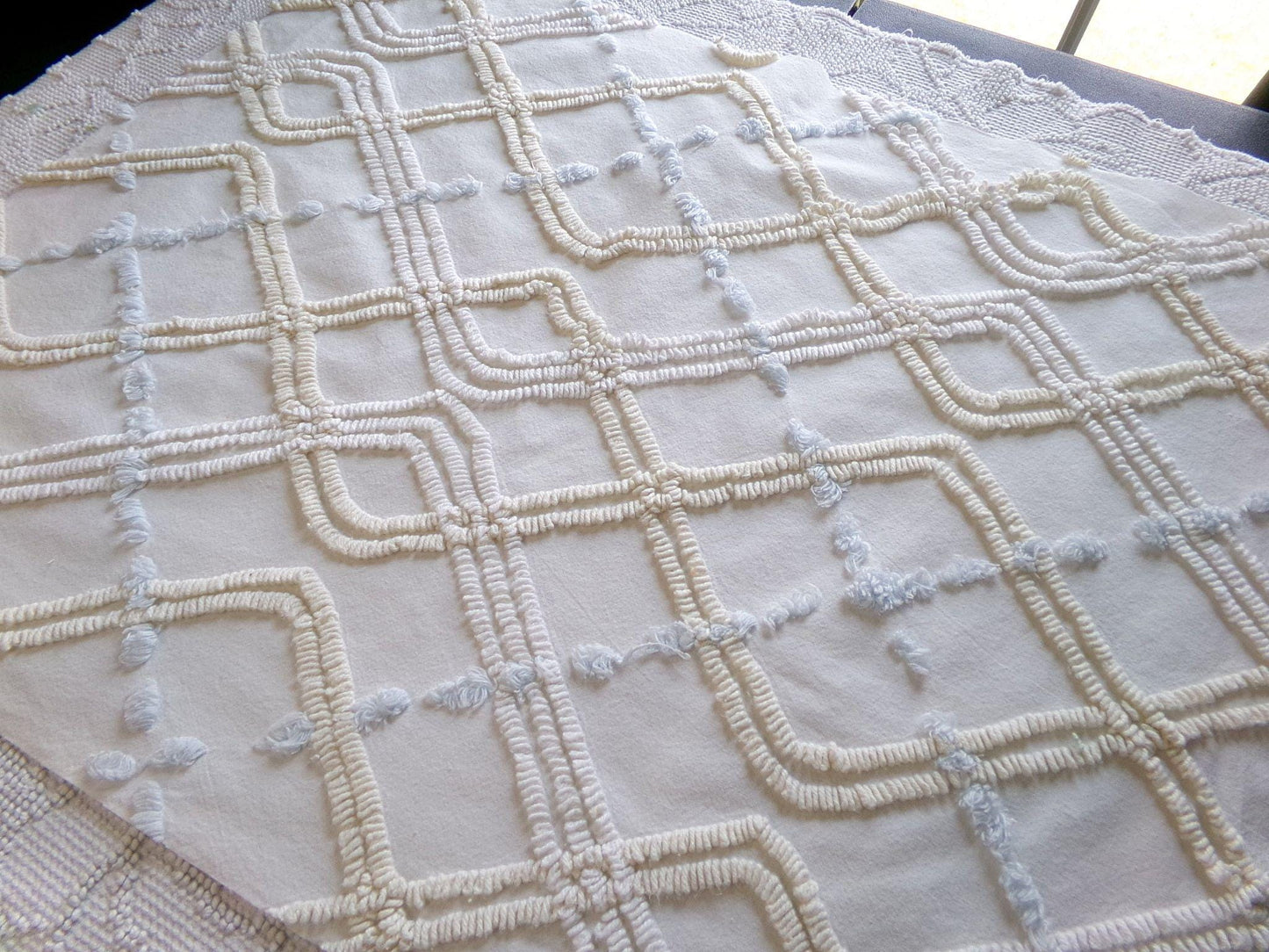 Coastal Life Vintage Chenille Fabric, Tonal Cream Geometric Design, Sky Blue Puffs, 20" x 24" Piece of Sewing Material for Quilting, Crafts