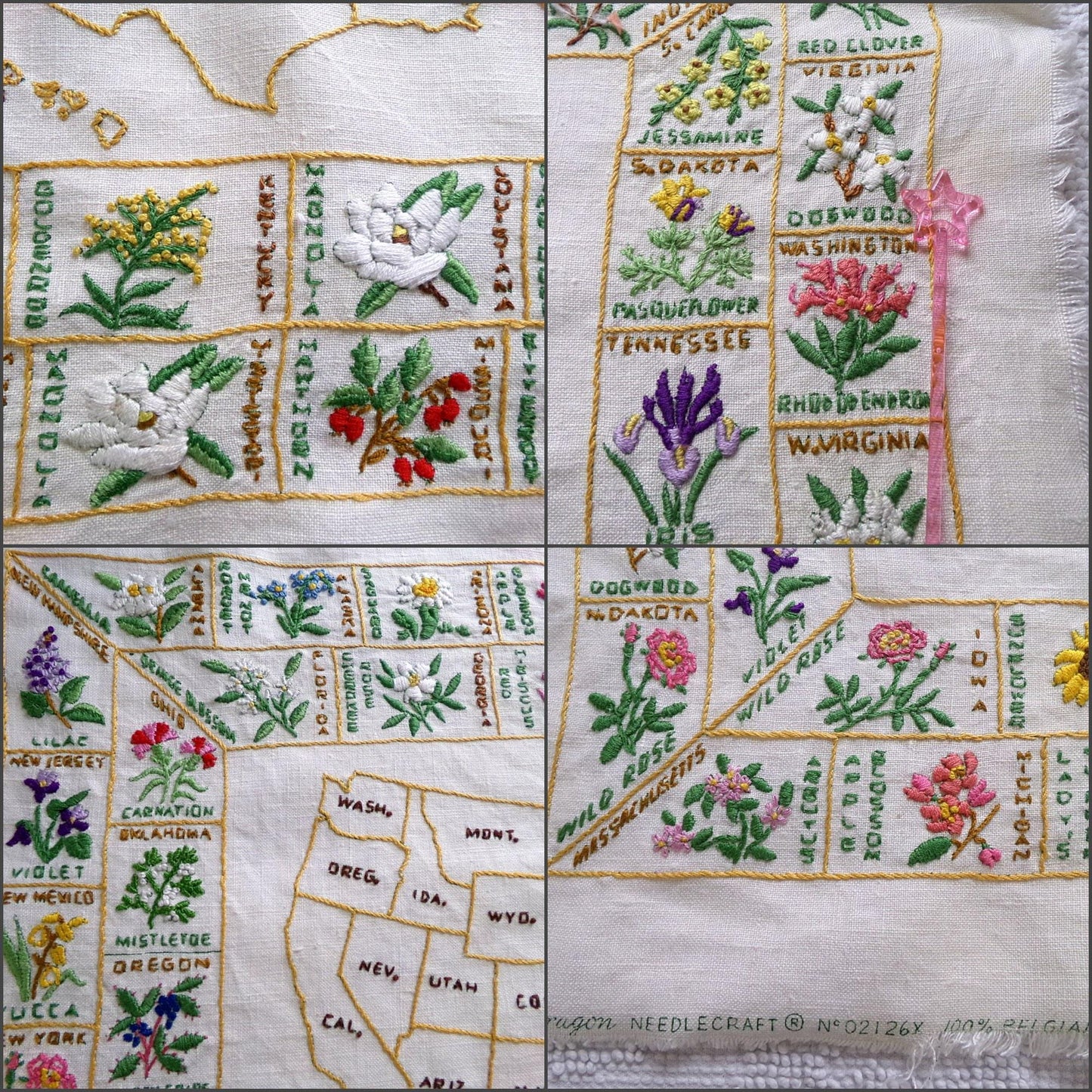 Vintage Embroidery Sampler 50 United States Flowers USA Map Heirloom Piece on 100% Belgian Linen, Paragon Stitchery, Completed, Unframed