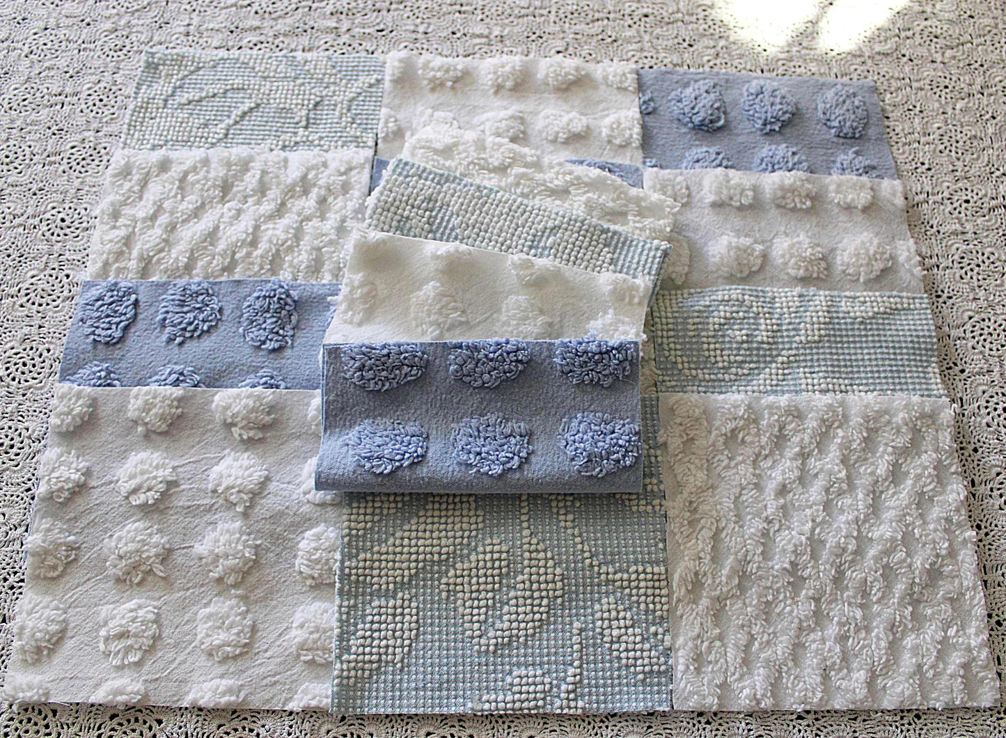 Chenille Fabric Squares, Beachy Blue & White Craft Square Set from Vintage Bedspread Fabric, 16 Blocks, 6" x 6" inch